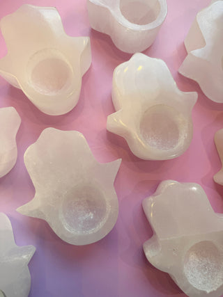 SELENITE HAMSA T-LIGHT CANDLE HOLDER Candle holder The Crystal Avenues