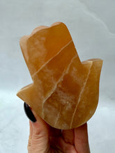 Load image into Gallery viewer, HONEY CALCITE HAMSA (4) Palmstone The Crystal Avenues 
