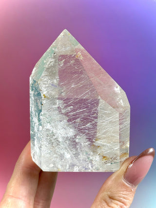 MAGIC TOWER - Rock Crystal w. Rare White 'Rabbit Hair' Rutile (5) tumble stone The Crystal Avenues 