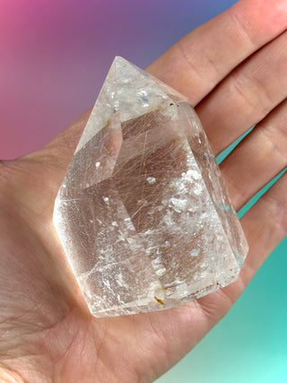 MAGIC TOWER - Rock Crystal w. Rare White 'Rabbit Hair' Rutile (5) tumble stone The Crystal Avenues 